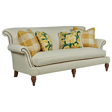 Traditional Sofa with Bench Seat and Scrolled Arms with Nailheads